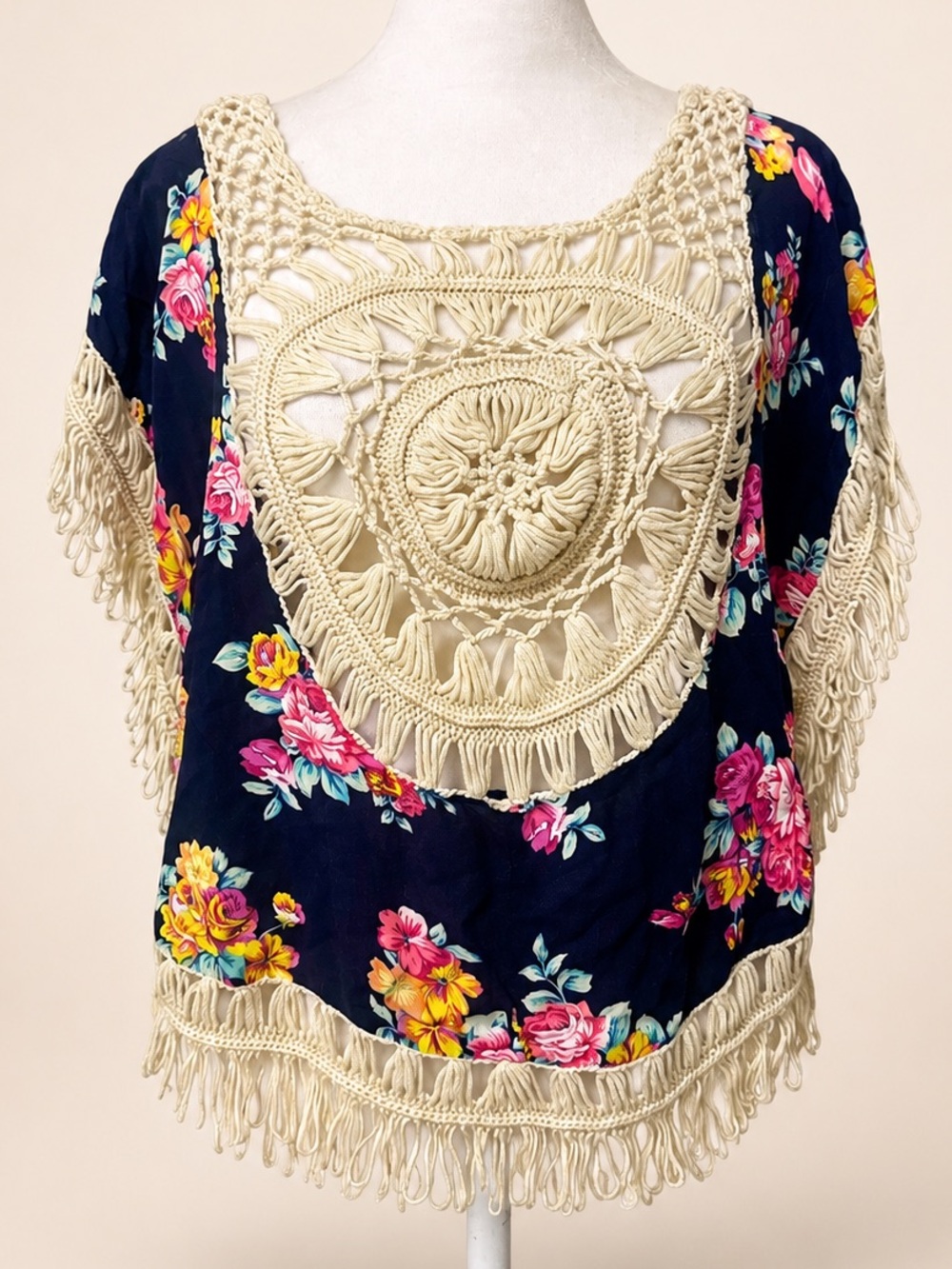 Love J Floral Crochet Fringe Kimono Boho Cover Up